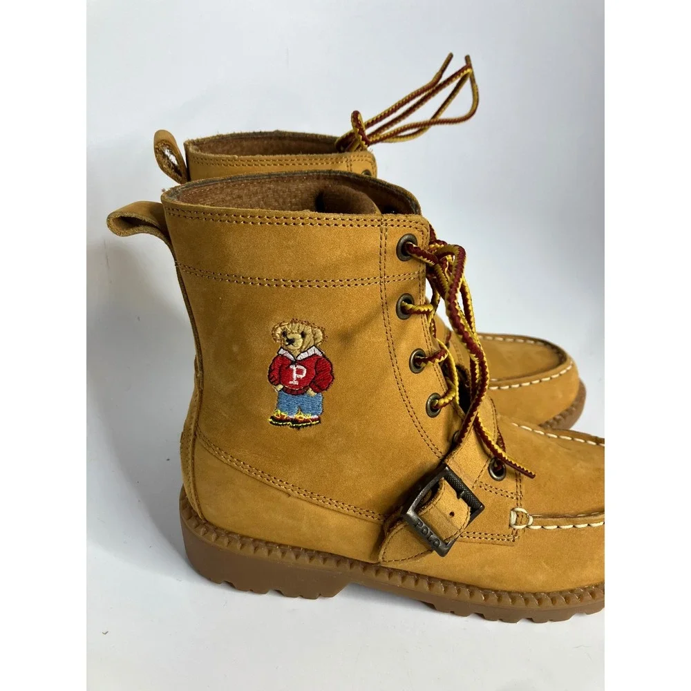 Polo Ralph Lauren ranger lace up boots tan leather bear embroidery kids‎ size 3